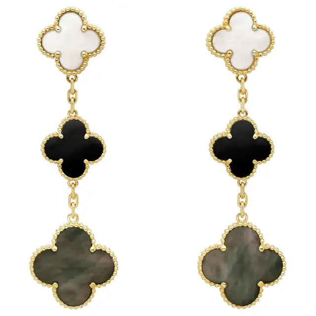 Gold & Multi Pearl & Agate 3 Motif Drop Earring (925)