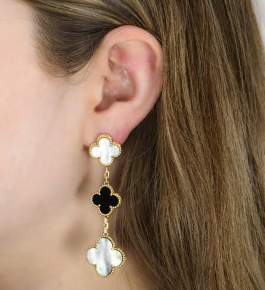 Gold & Multi Pearl & Agate 3 Motif Drop Earring (925)