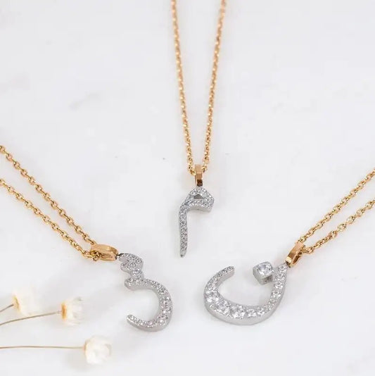 Two Tone Pave Arabic Initial Necklace