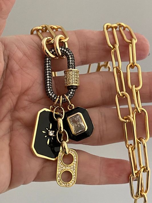 Gold Ebony Carabiner Clasp Charm Necklace