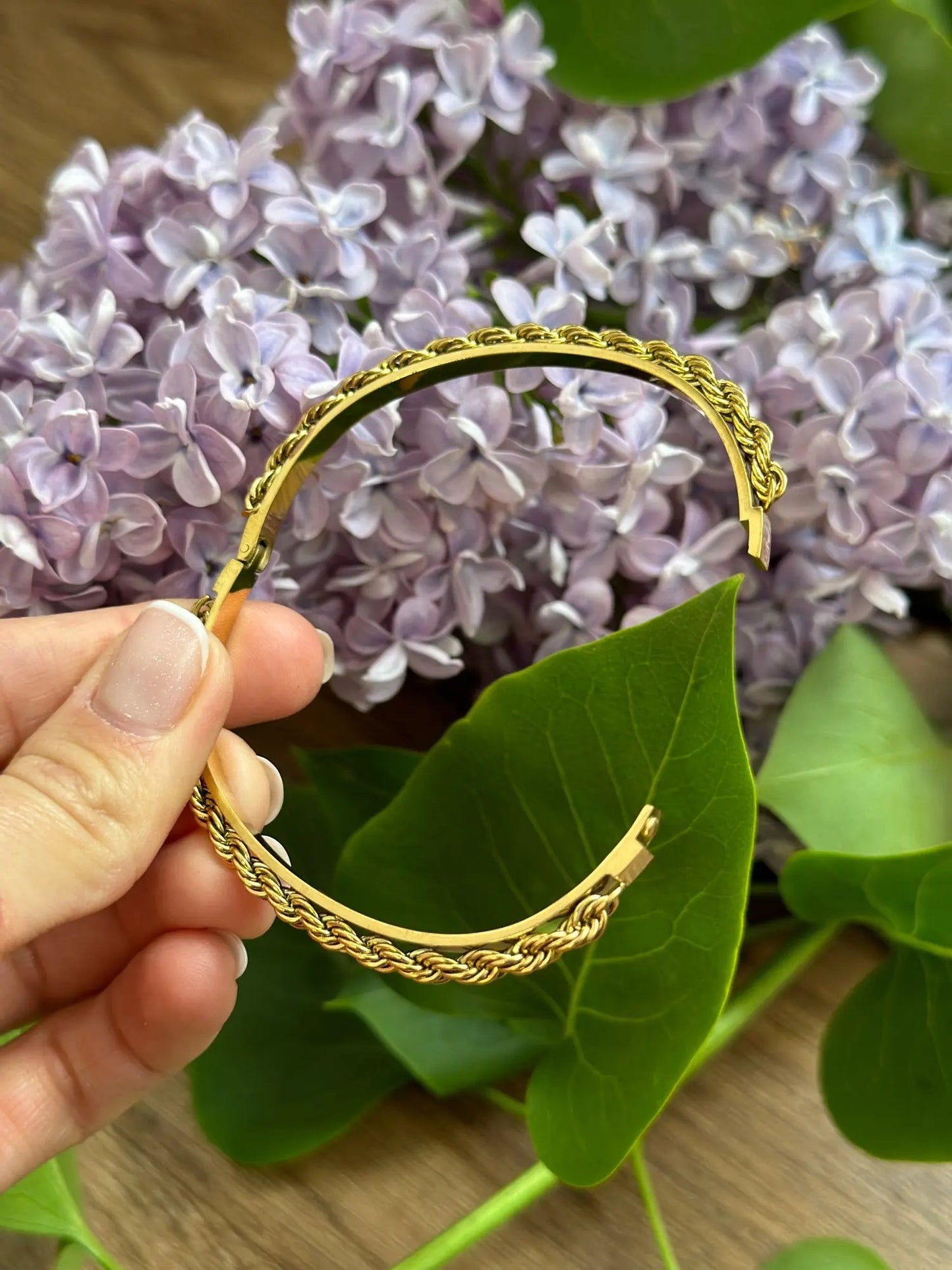 Gold Rope Twist Open Bangle (Stainless Steel)