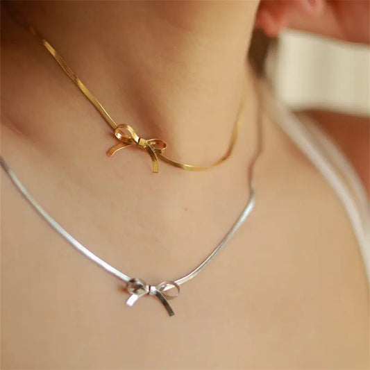 Dainty Sideswept Bow Necklace & Earrings ( Gold, Silver)