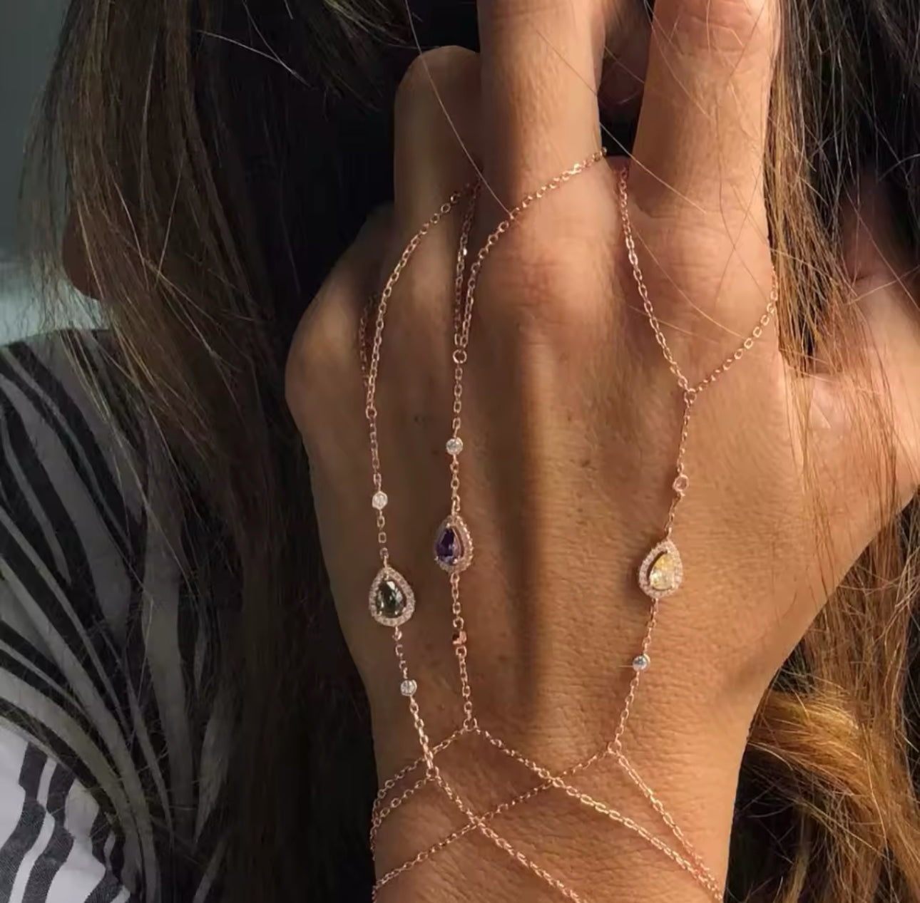 Rose Gold & Green Pear Halo Wrist Finger Bracelet (Mix Metal)