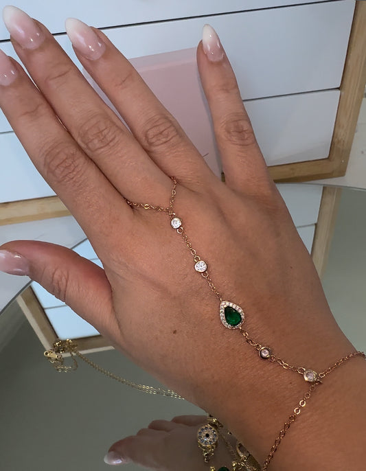 Rose Gold & Green Pear Halo Wrist Finger Bracelet (Mix Metal)