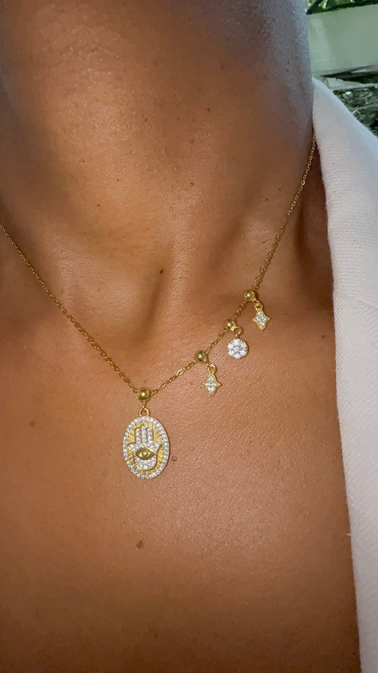 Elite Series Gold Oval Hamsa Hand NSCD Pendant Charm (925, 18k Vermeil)