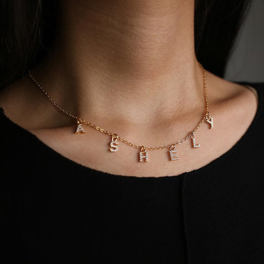 Personalised Gold Charm Pave Dangle Name Necklace (Stainless Steel)