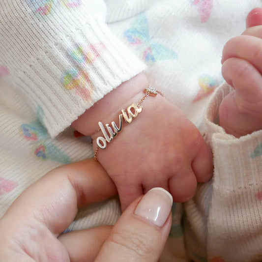 Personalised Baby/Toddler Name Love Moissanite Charm Bracelet (925, Vermeil Gold, Silver, Rose)