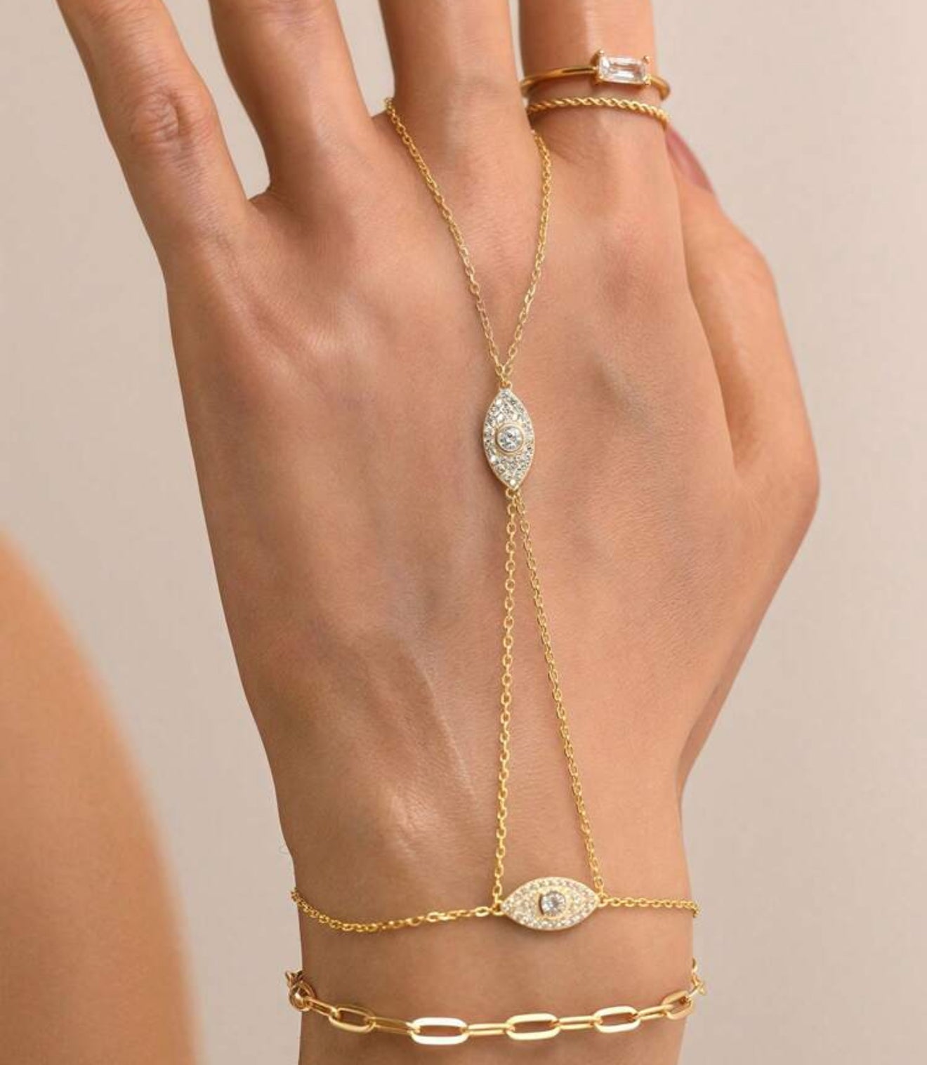 Gold Evil Eye Pave Hand Drape Chain (925, Vermeil)
