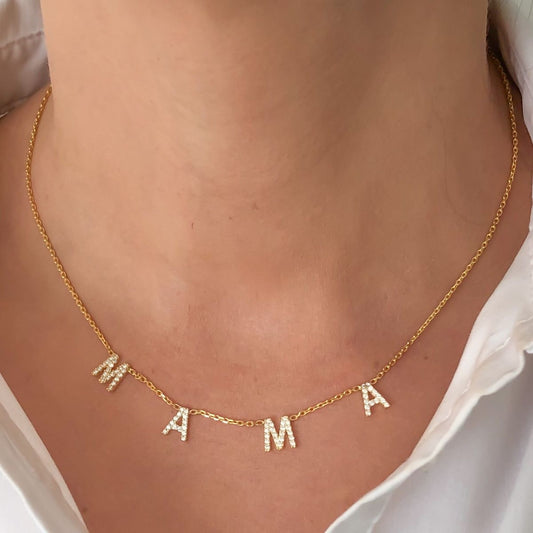 Gold Pave Mama Drop Initial Necklace (925)