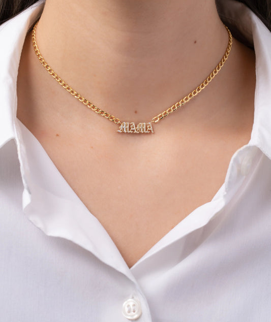 Cuban Pave Mama Nameplate Necklace (3mm)