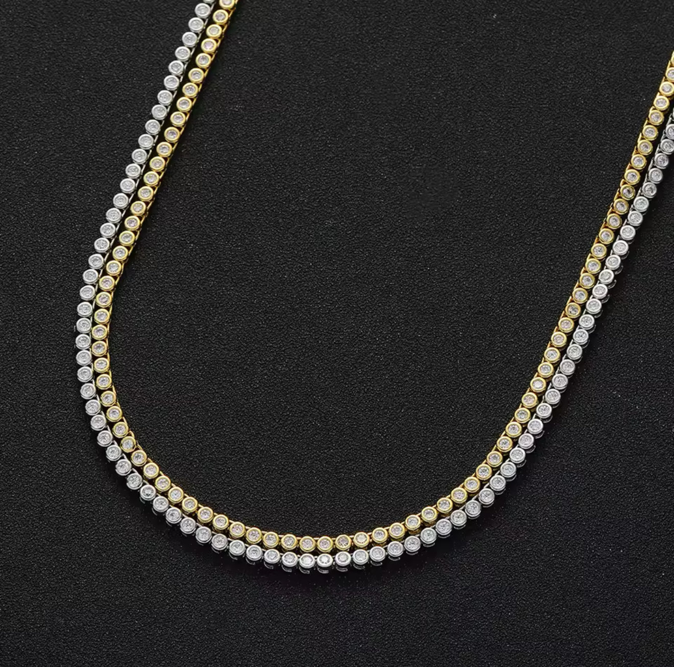 Gold 2mm Brilliant Bezel Tennis Necklace (Mix Metal, 40/45cm)