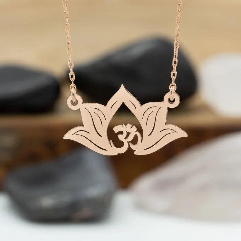Gold Floating Lotus Aum Necklace (Gold, Silver, Rose)