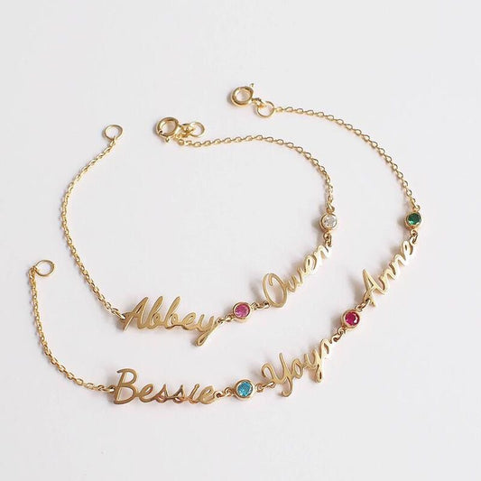 Personalised Triple Nameplate Birthstone Bracelet (Gold, Silver, Rose)