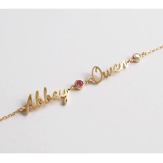 Personalised Double Name Birthstone Nameplate Bracelet (Gold, Silver, Rose)