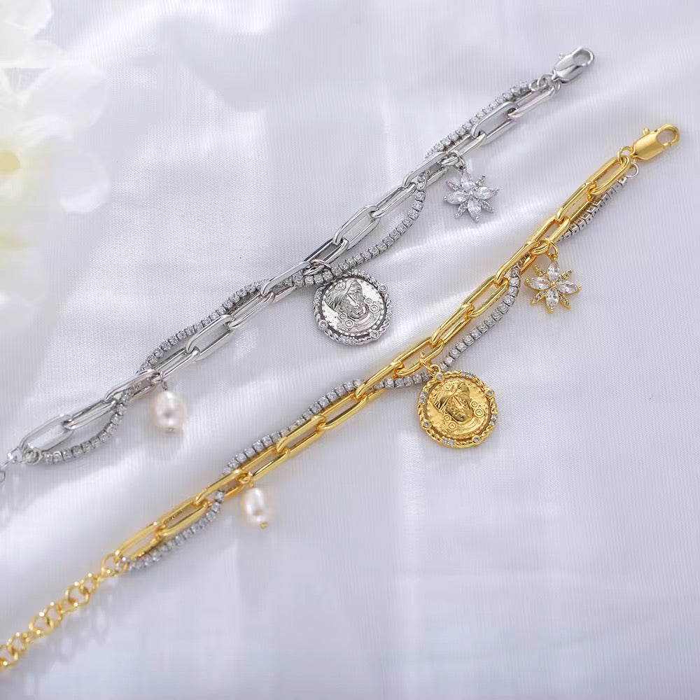 Gold Carribean Paperclip Tennis Starlight Charm Bracelet