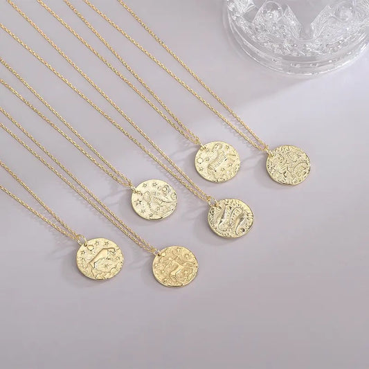 Gold Embossed Star Sign Disc Necklace (925, Gold Vermeil)