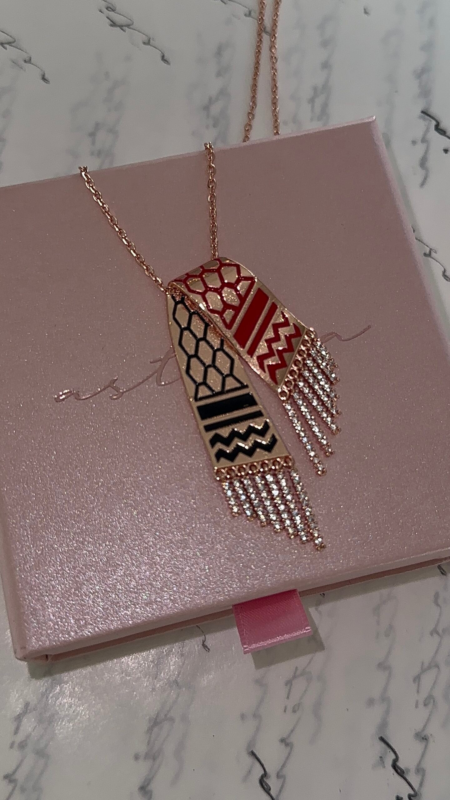 Sparkling Red & Black Kuffiyeh Tassle Drop Necklace