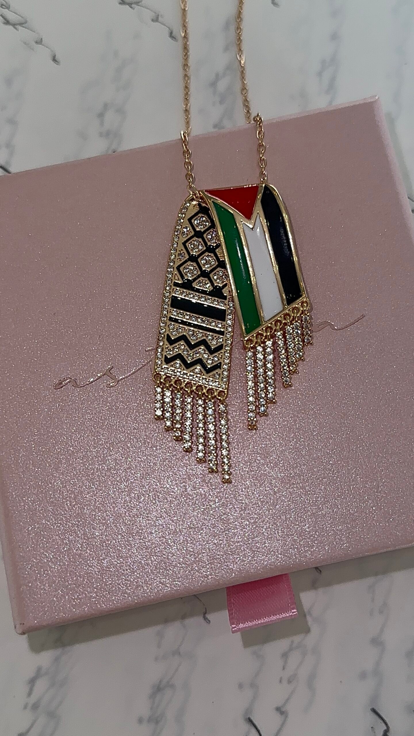 Sparkling Kuffiyeh Gold Flag Tassle Necklace