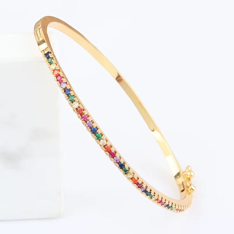 Gold Rainbow Cubic Tennis Bangle (Mix Metal, Gold Plated)