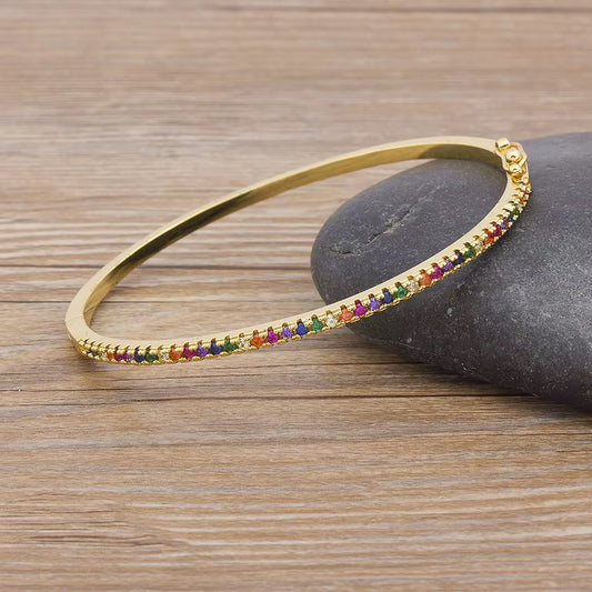 Gold Rainbow Cubic Tennis Bangle (Mix Metal, Gold Plated)
