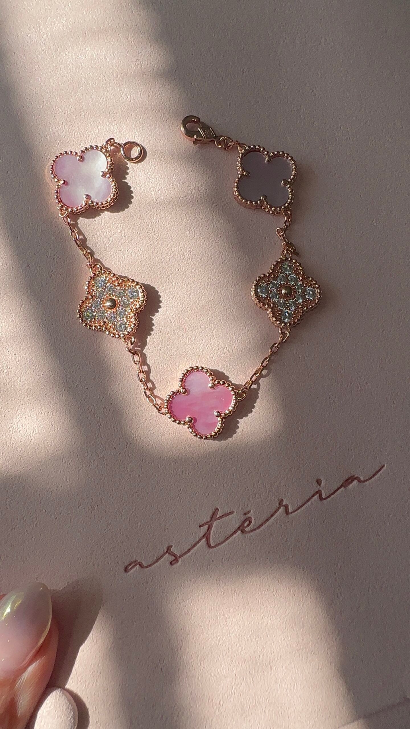 Pink Pearl & Rose Gold Clover Vintage Pave Bracelet (925)