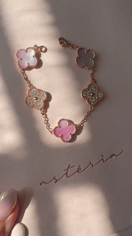Pink Pearl & Rose Gold Clover Vintage Pave Bracelet (925)