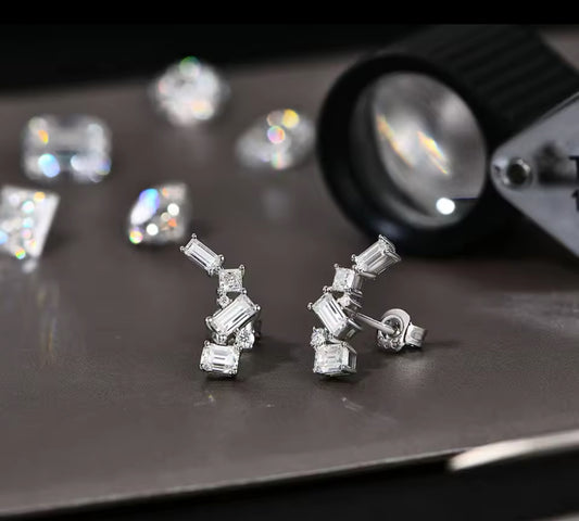 Silver Moissanite Baguette Whisper Sweeper Earring (925, 10k White Gold)