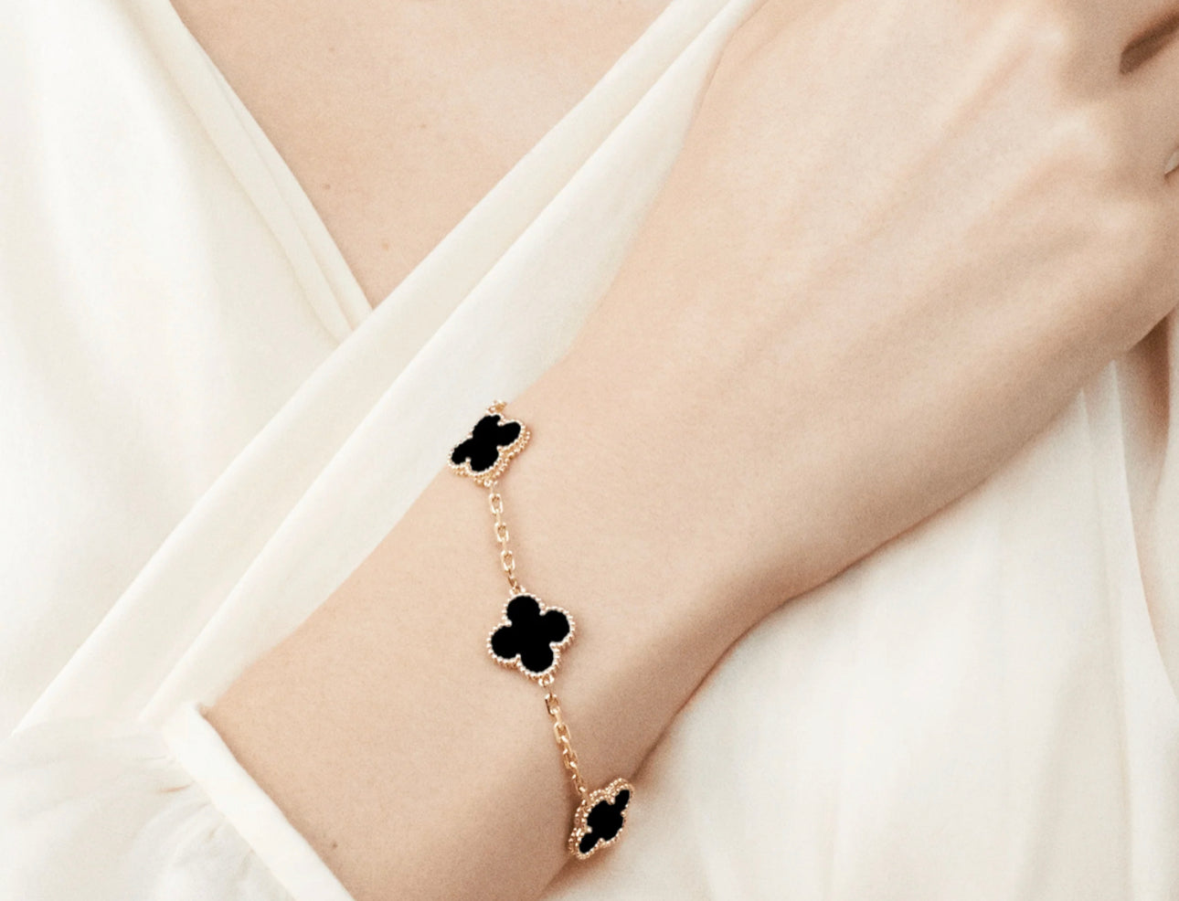 Black & Gold Agate Clover Bracelet (925, Vermeil)