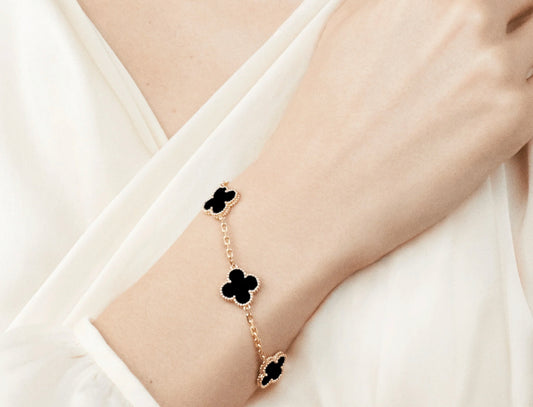 Black & Gold Agate Clover Bracelet (925, Vermeil)