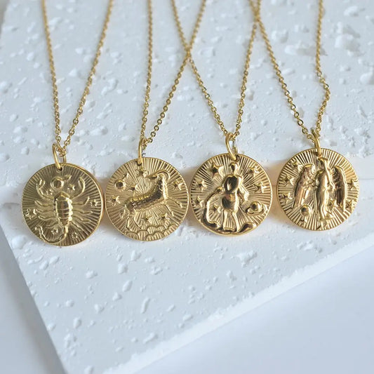 Gold Zodiac Medallion Necklace (Stainless Steel)