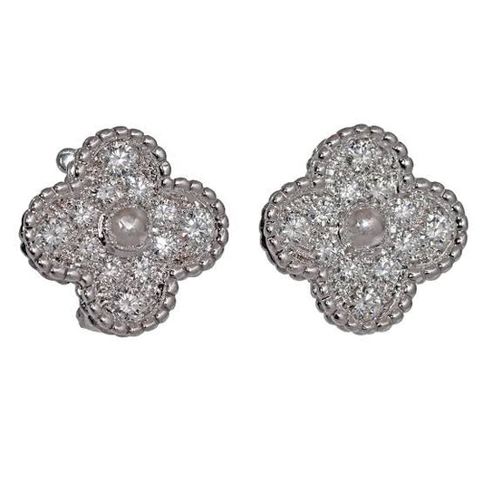 Full Silver Vintage Pave Clover Clip On Earring (925)