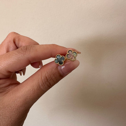 Gold & Grey Pearl Dainty Clover Stud Earring (925)