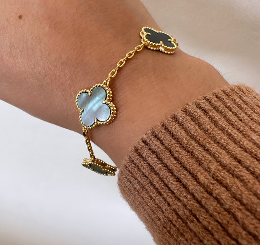 Gold & Grey Pearl Clover Bracelet (925, Vermeil)
