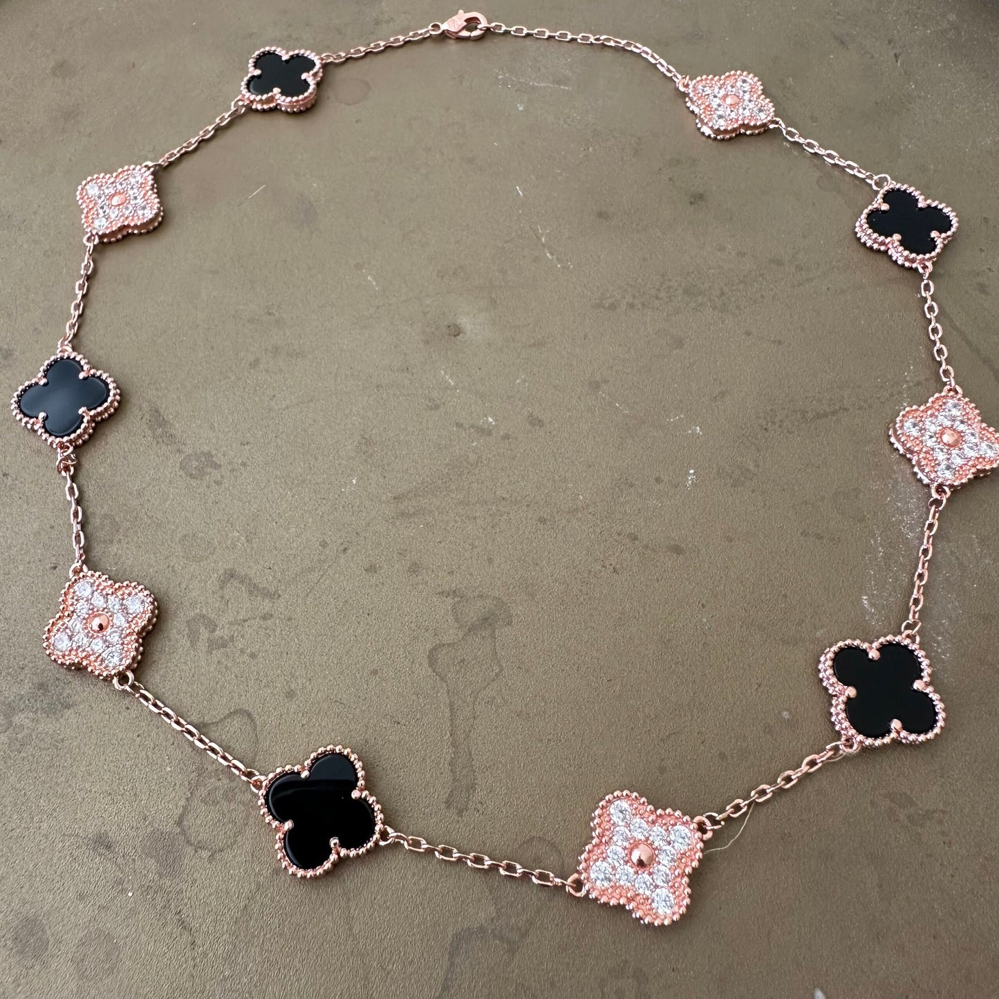 Rose Gold & Black Agate Vintage Pave Necklace (925, 45cm)