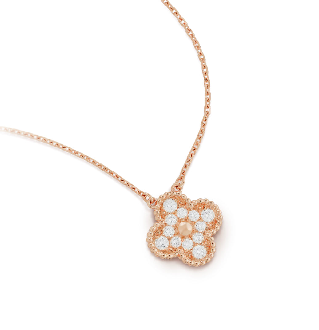 Full Rose Gold Floating Vintage Clover Pave Necklace (925)