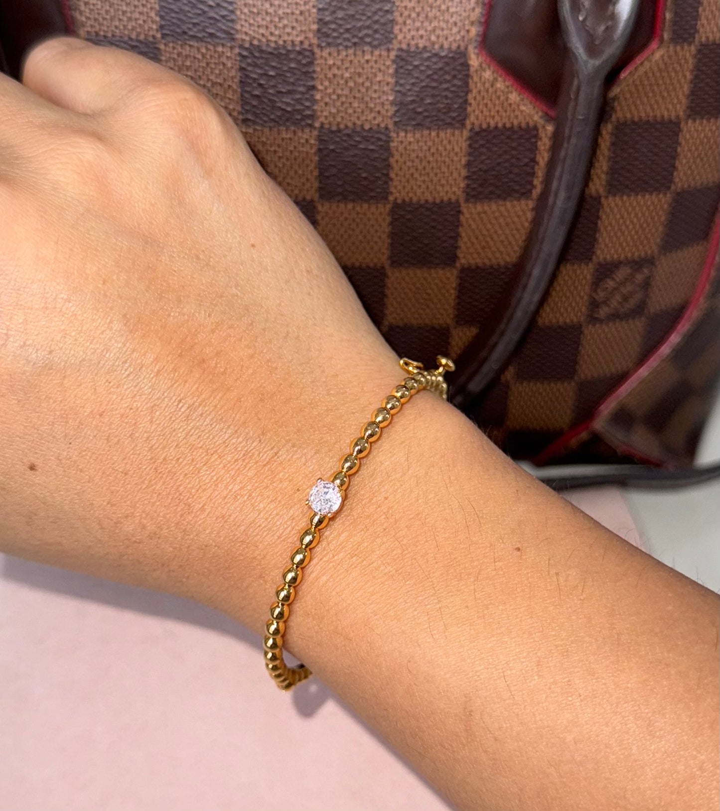 Gold Beaded Brilliant Cubic Bangle (Mix Metal, 18k Electroplating)