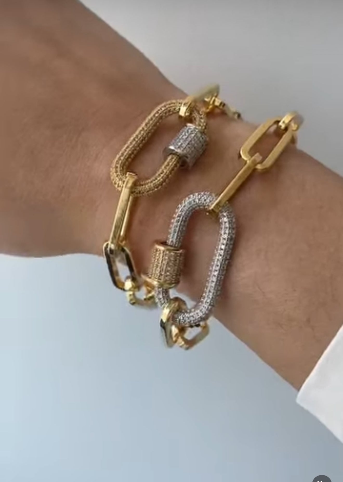 Gold Caribiner Pave Paperclip Bracelet (Gold & Silver)