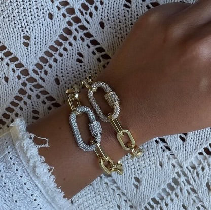 Gold Caribiner Pave Paperclip Bracelet (Gold & Silver)