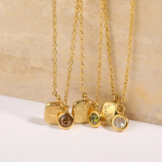 Embossed Cube Zodiac Birthstone Necklace