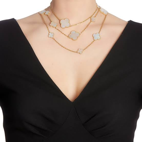 Gold & Pearl Multi Motif Long Clover Necklace (925, Vermeil)