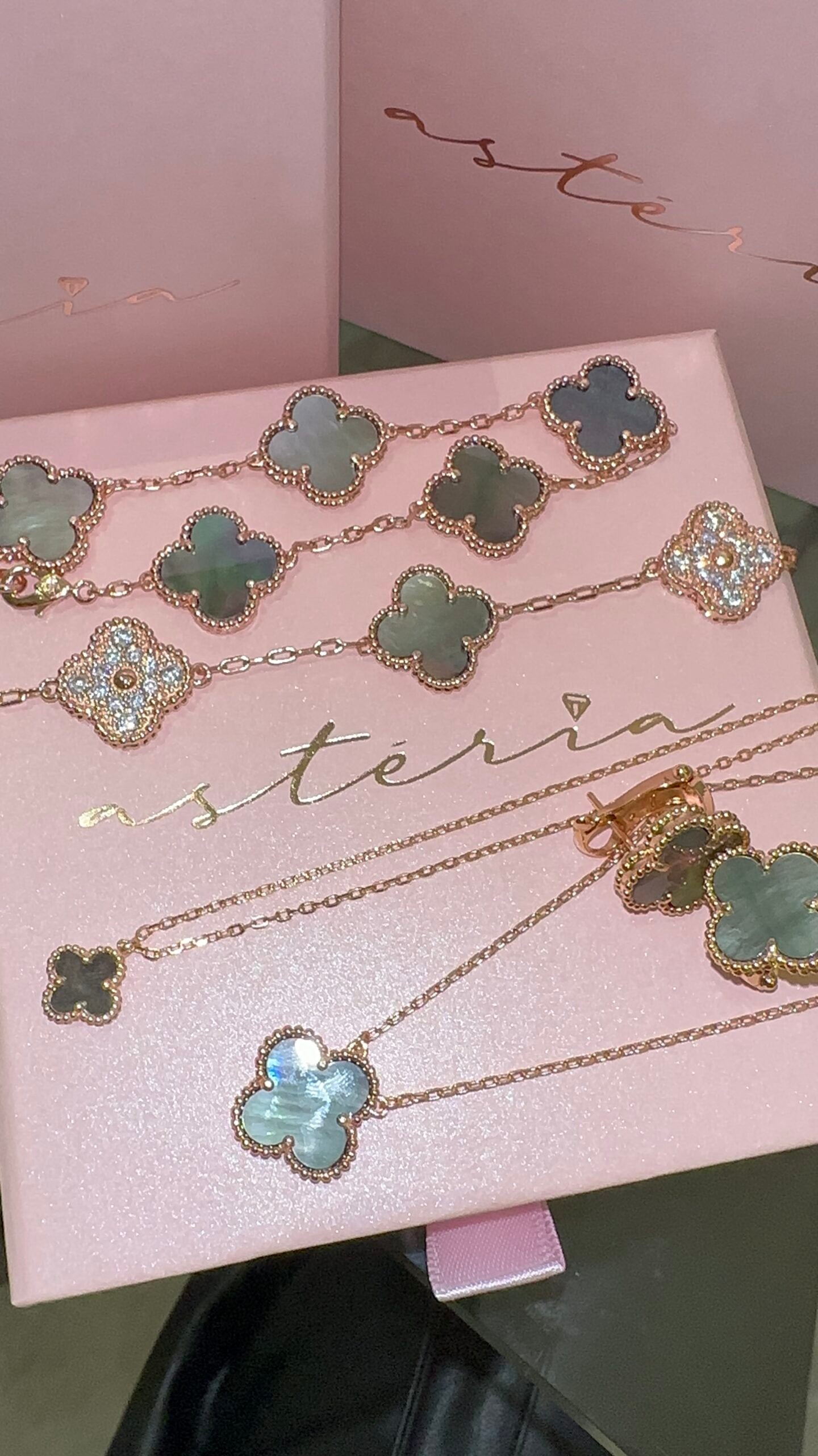 Rose Gold & Grey Pearl Dainty Clover Necklace (925)