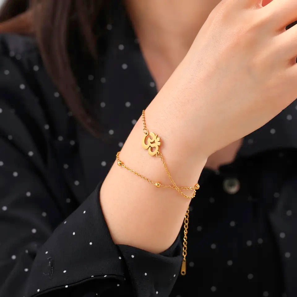 Gold Double Bead Aum Bracelet