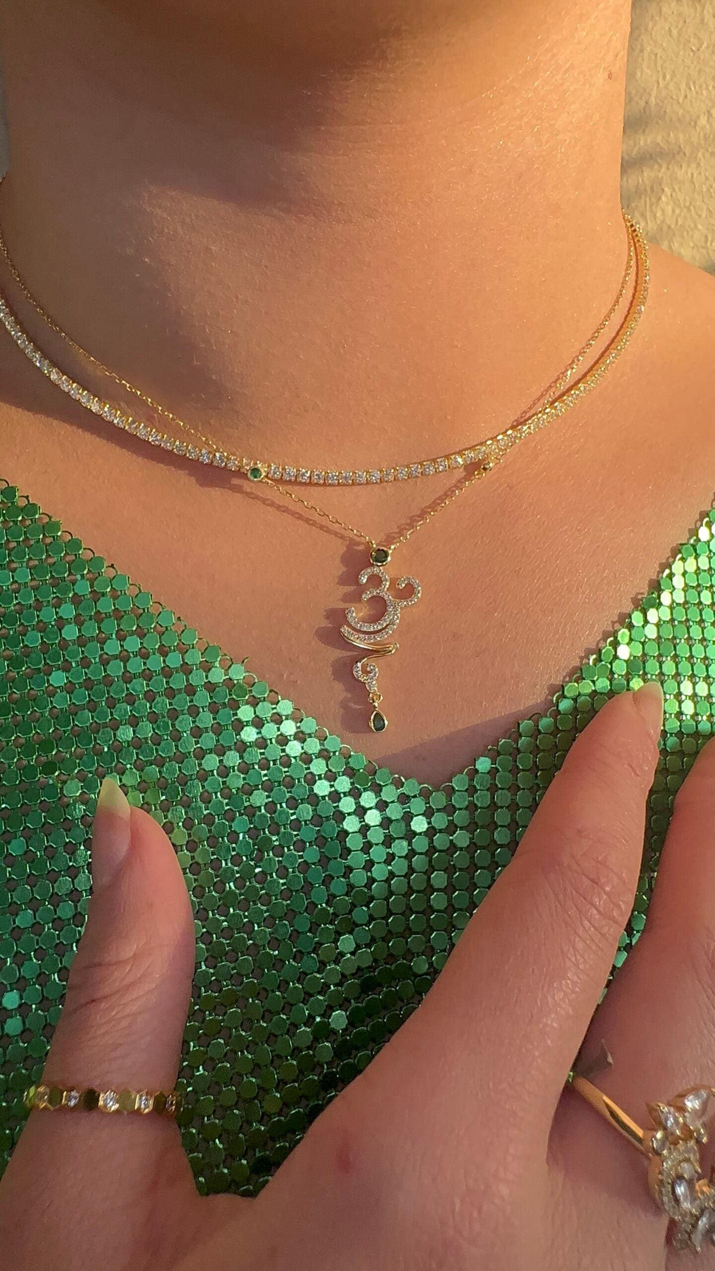 Gold & Green Pave Mystical Aum Necklace