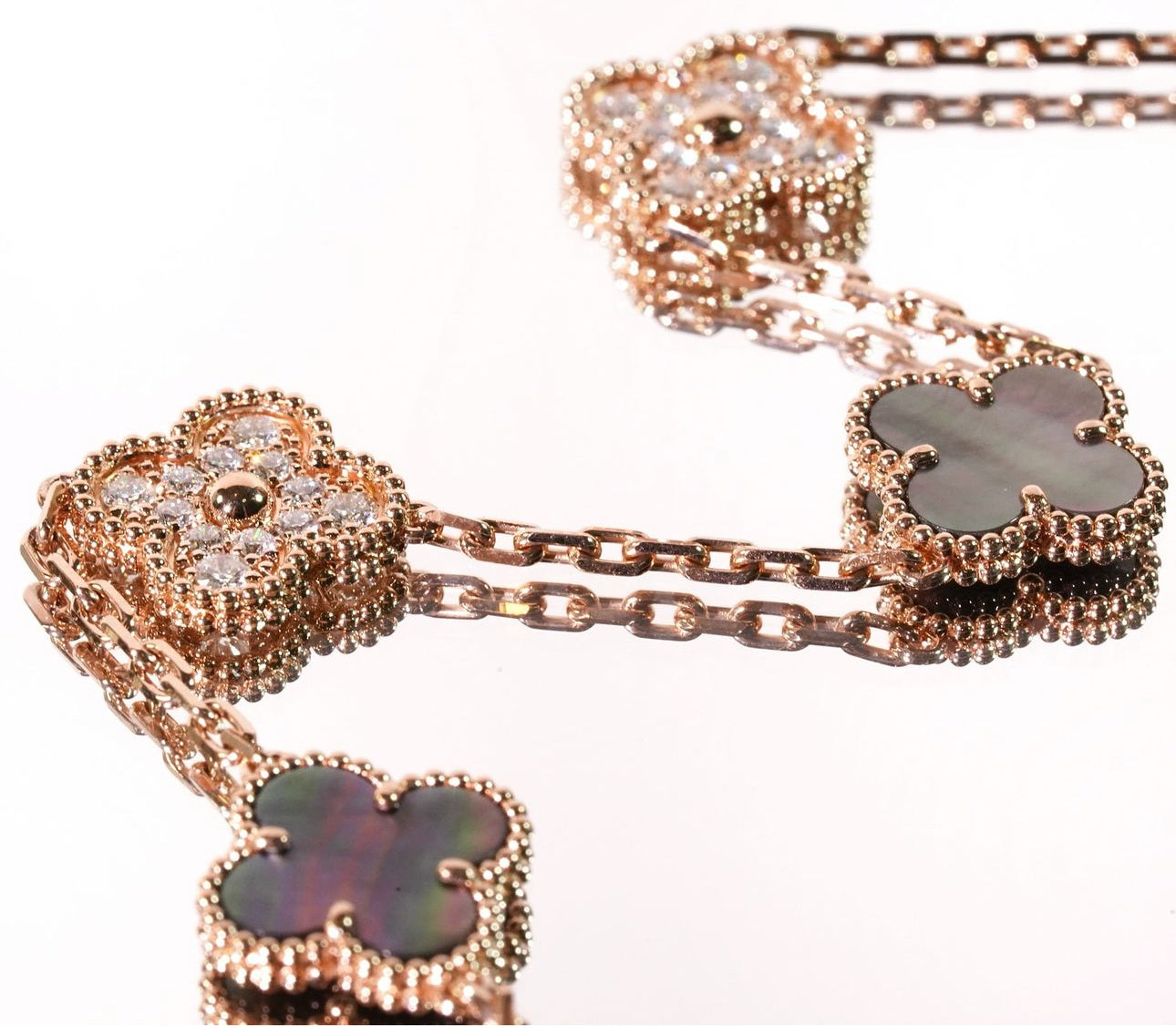 Rose Gold & Grey Pearl Vintage Pave Clover Bracelet (925)