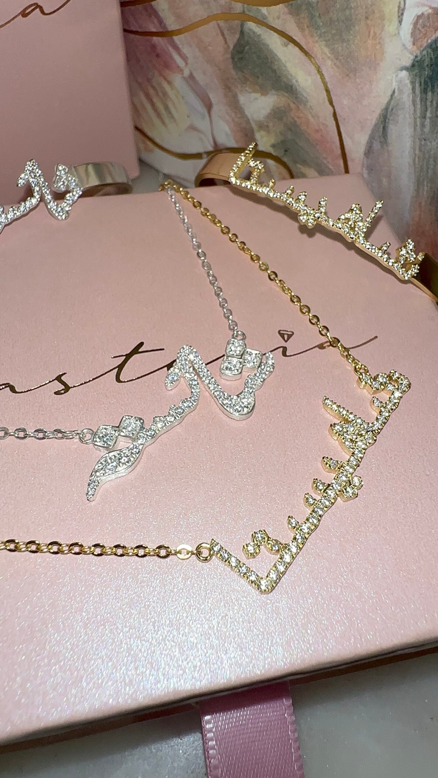 Personalised Designer Pave Encrusted Arabic Vermeil Nameplate (925, Rose, Silver, Gold)