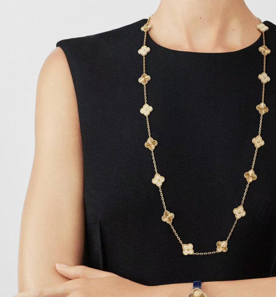 Gold Long Clover Vintage Pave & Laser Cut Necklace (925, Heavyweight)