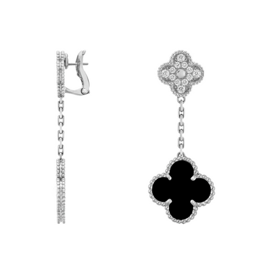 Black & Silver Glam Drop Clover Earring (925)