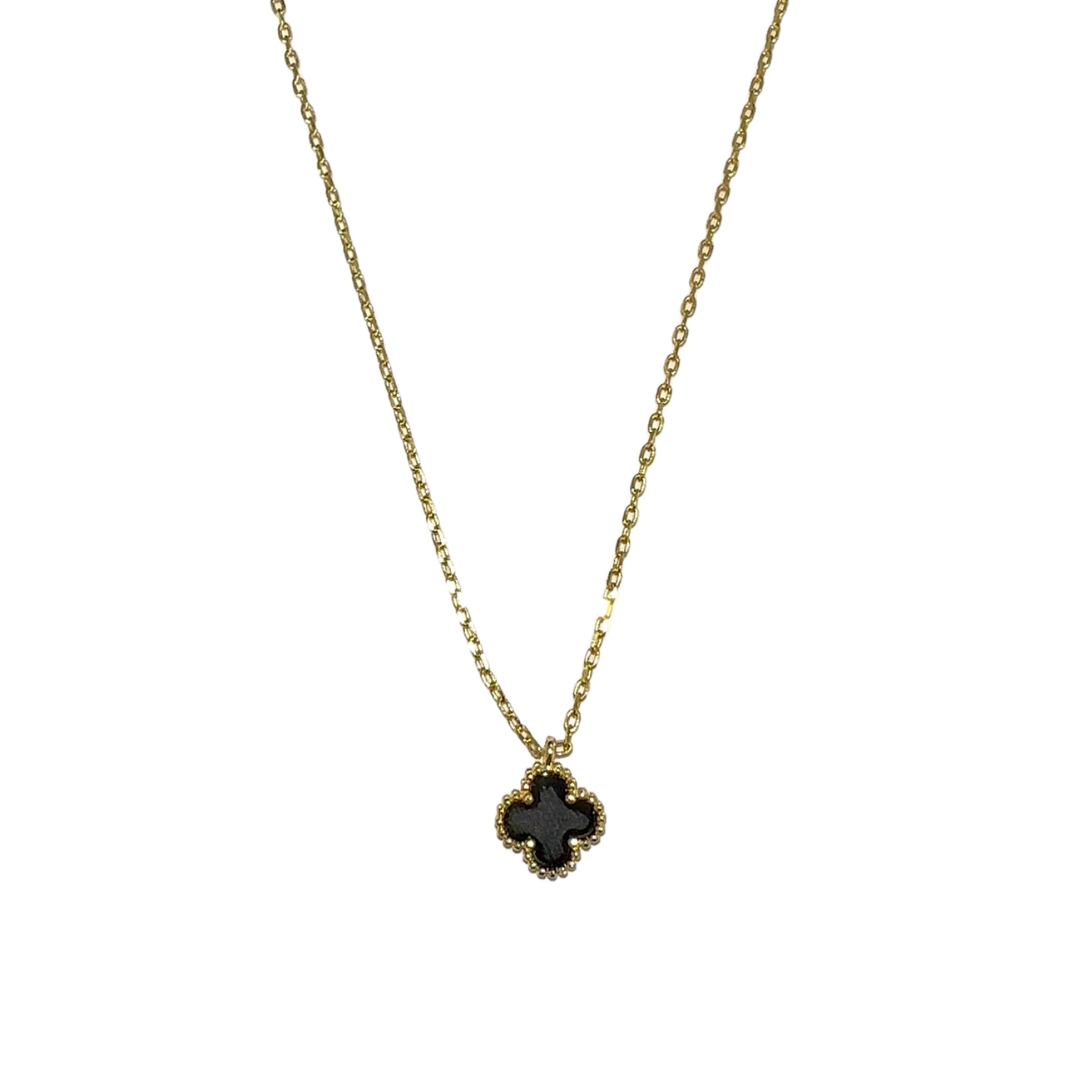 Black & Gold Dainty Agate Clover Pendant Necklace (925, Vermeil)