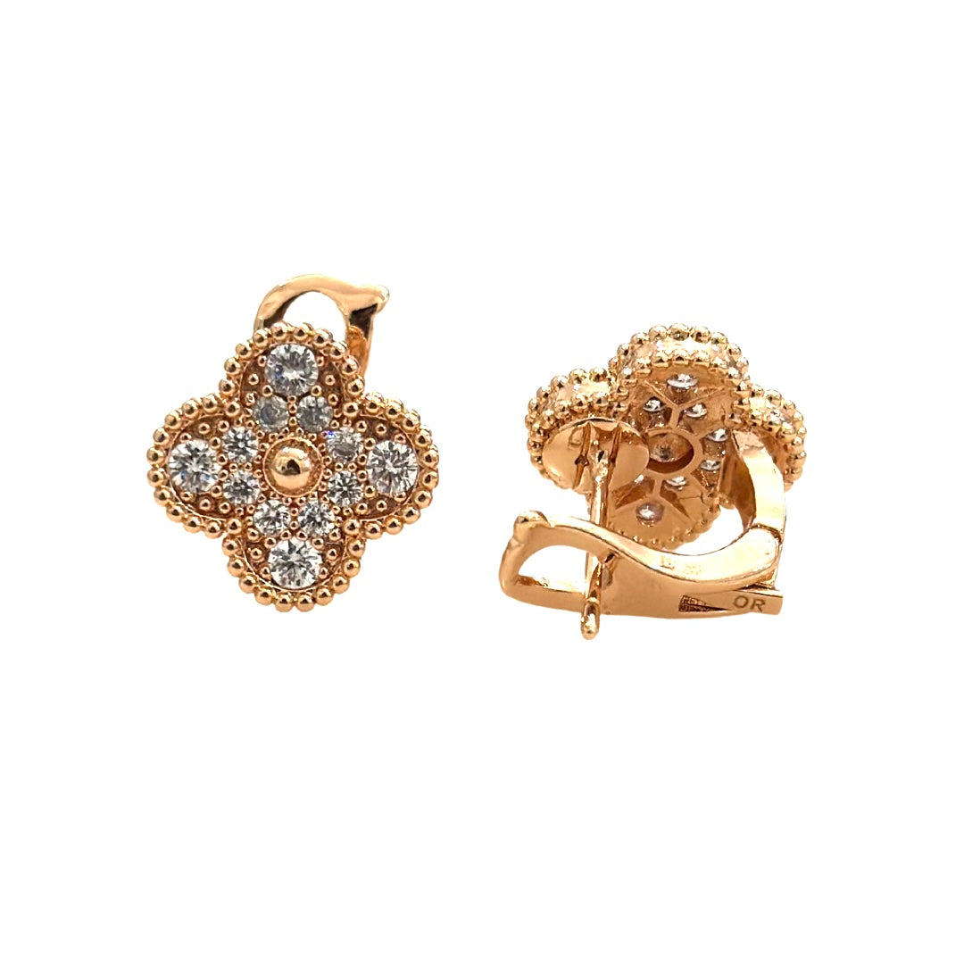 Full Rose Gold Pave Clover Clip On Earring (925)