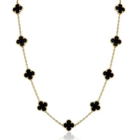 Black & Gold Agate Long Clover Necklace (Mix Metal)